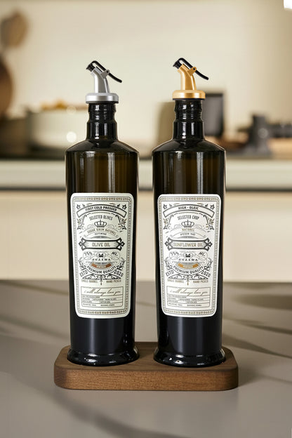 Siyah İtalyan Cam 750 ml 2'li Yağdanlık Seti - Ahşap Standlı -Damlatmaz Kapaklı Zeytinyağı Sıvıyağ