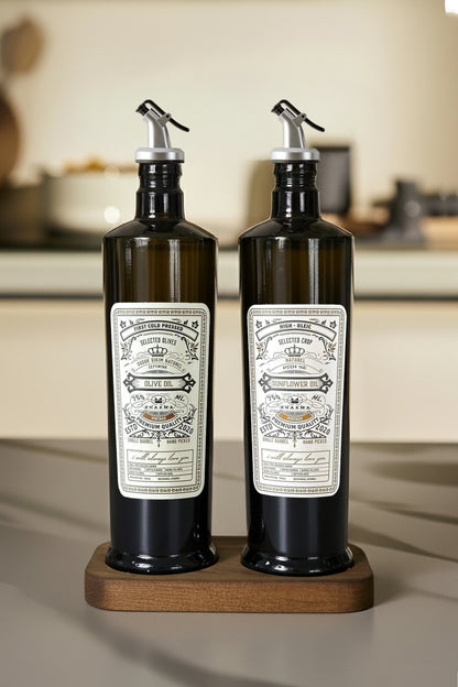 Siyah İtalyan Cam 750 ml 2'li Yağdanlık Seti - Ahşap Standlı -Damlatmaz Kapaklı Zeytinyağı Sıvıyağ