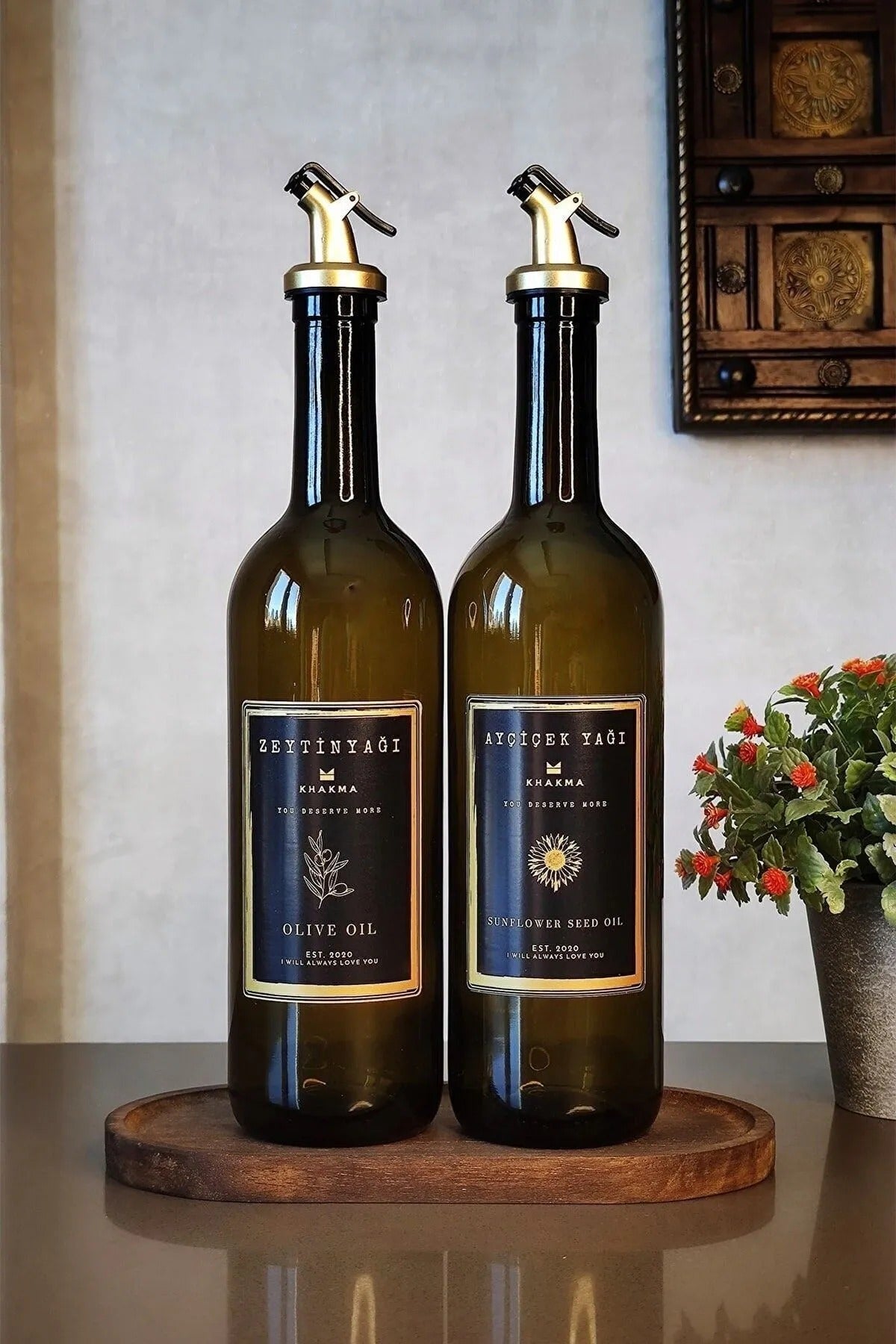 Ahşap Stantlı Amber Siyah Gold 2'li 750 Ml Zeytinyağı Sıvıyağ Şişesi Yağdanlık Yağlık