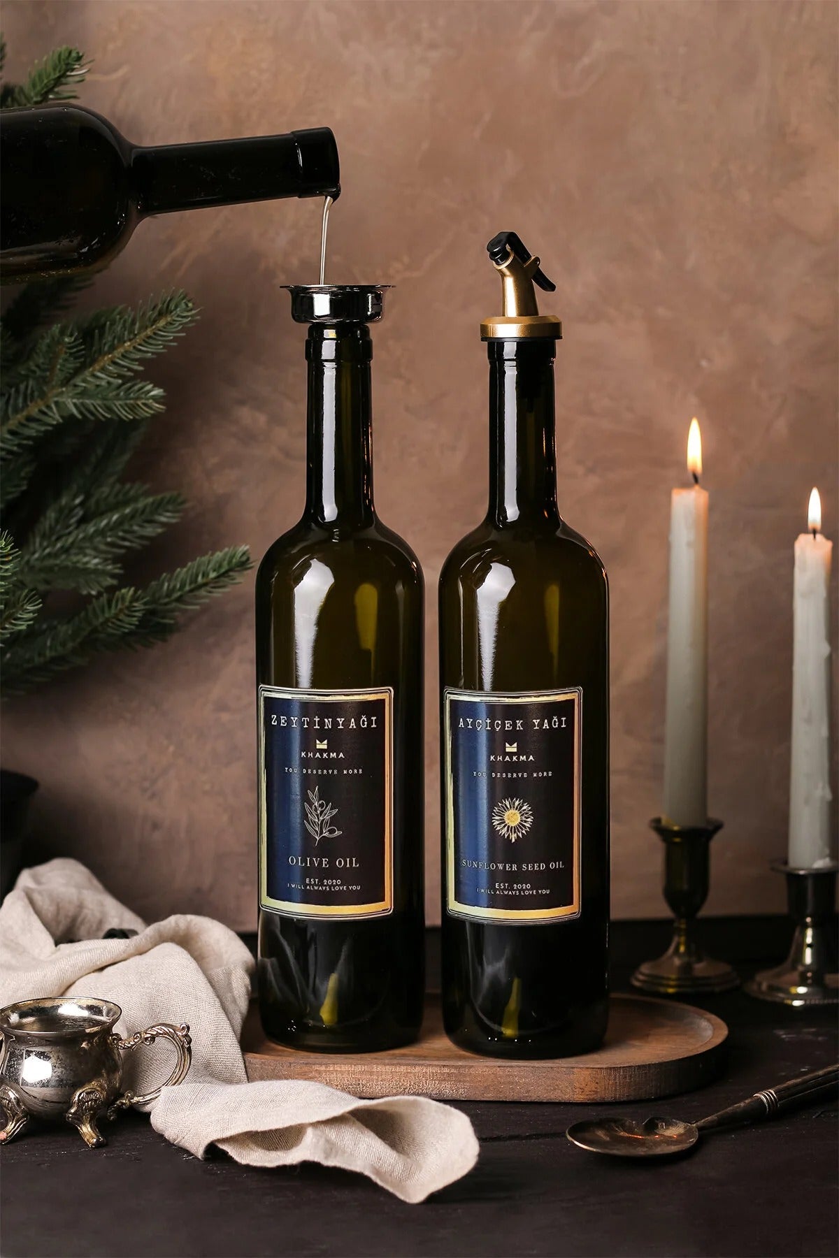 Ahşap Stantlı Amber Siyah Gold 2'li 750 Ml Zeytinyağı Sıvıyağ Şişesi Yağdanlık Yağlık