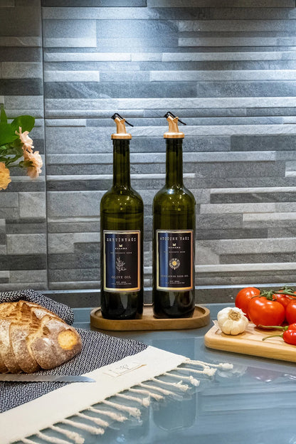 Ahşap Stantlı Amber Siyah Gold 2'li 750 Ml Zeytinyağı Sıvıyağ Şişesi Yağdanlık Yağlık