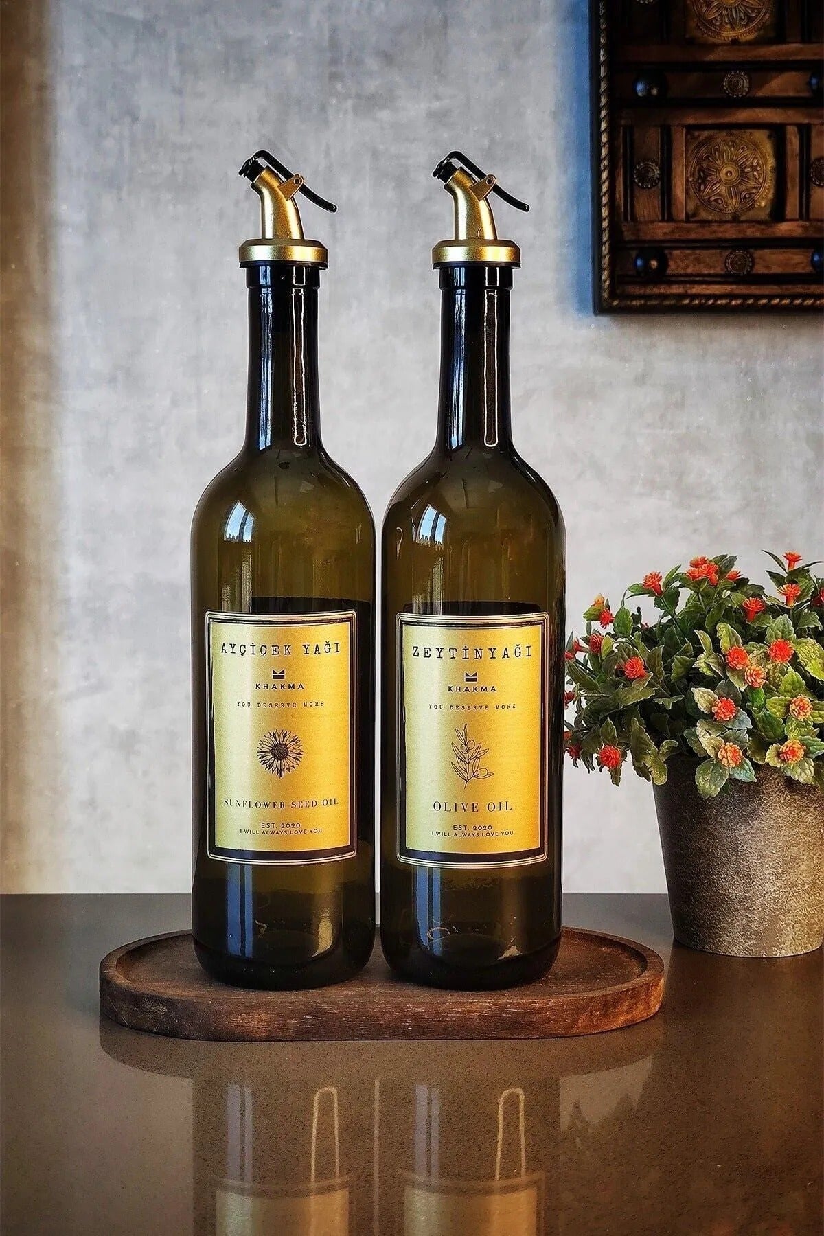 Ahşap Stantlı Amber Gold 2'li 750 Ml Zeytinyağı Sıvıyağ Şişesi Yağdanlık Yağlık 750stantlıg