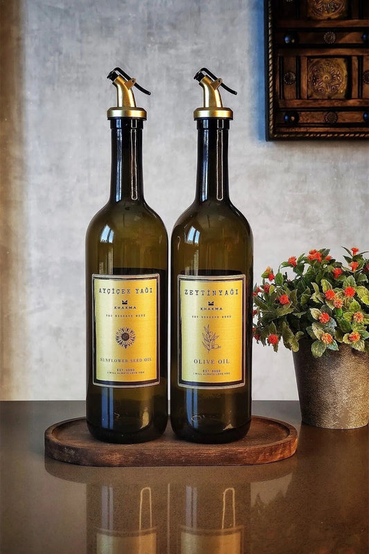 Ahşap Stantlı Amber Gold 2'li 750 Ml Zeytinyağı Sıvıyağ Şişesi Yağdanlık Yağlık 750stantlıg