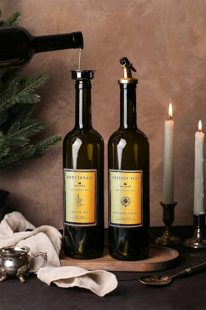 Ahşap Stantlı Amber Gold 2'li 750 Ml Zeytinyağı Sıvıyağ Şişesi Yağdanlık Yağlık 750stantlıg