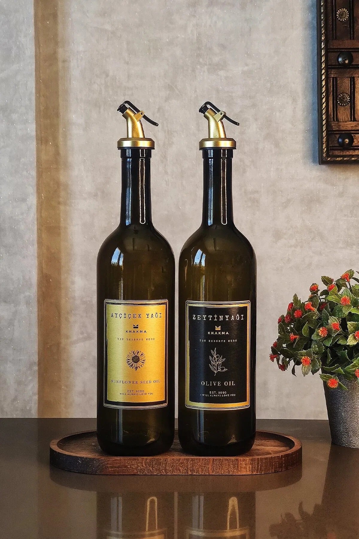 Ahşap Stantlı Amber Gold 2'li 750 Ml Zeytinyağı Sıvıyağ Şişesi Yağdanlık Yağlık 750stantlırg