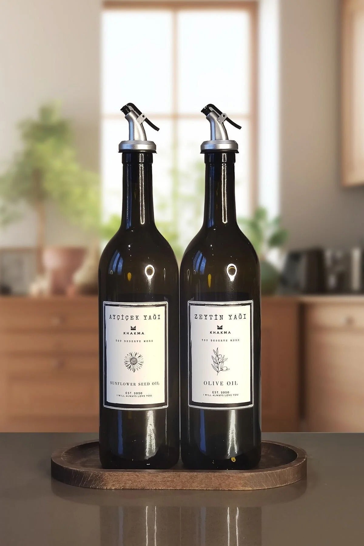 Ahşap Stantlı Amber 2'li 750 ml Zeytinyağı Sıvıyağ Şişesi Yağdanlık Yağlık 750 Bb Za St