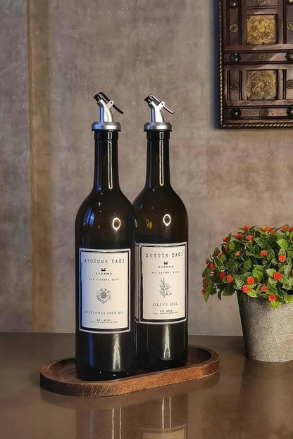 Ahşap Stantlı Amber 2'li 750 ml Zeytinyağı Sıvıyağ Şişesi Yağdanlık Yağlık 750 Bb Za St