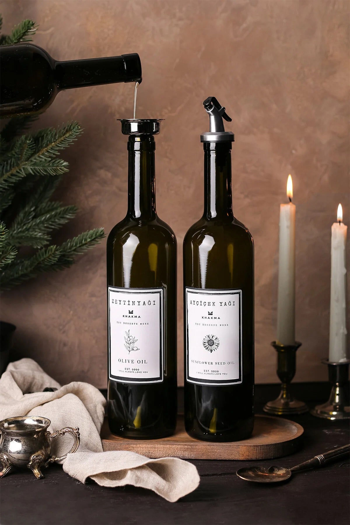 Ahşap Stantlı Amber 2'li 750 ml Zeytinyağı Sıvıyağ Şişesi Yağdanlık Yağlık 750 Bb Za St
