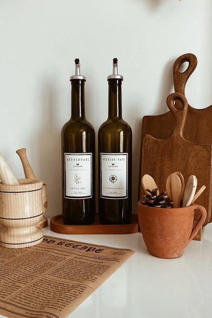 Ahşap Stantlı Amber 2'li 750 ml Zeytinyağı Sıvıyağ Şişesi Yağdanlık Yağlık 750 Bb Za St