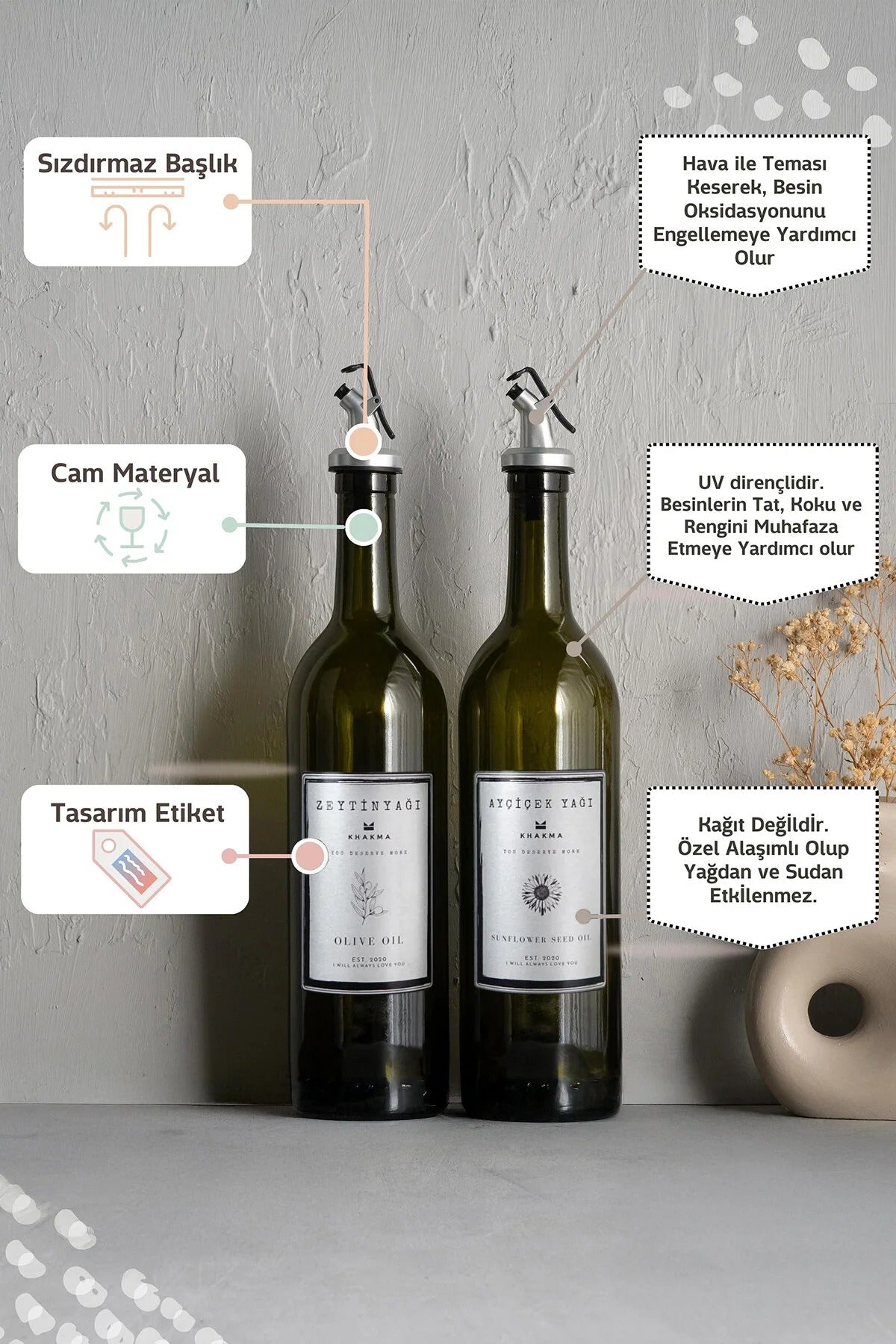 Gümüş Tasarım Amber 2'li 750 Ml Zeytinyağı Sıvıyağ Şişesi Yağdanlık Yağlık Stantsız