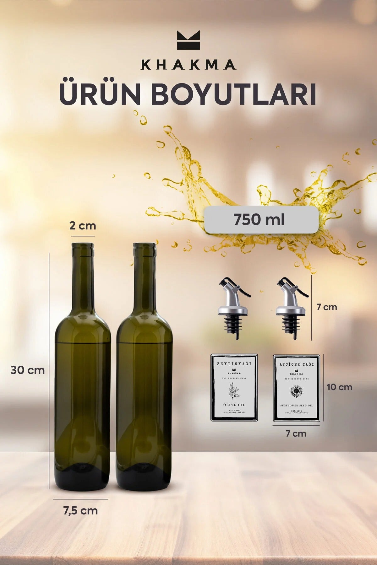 Gümüş Tasarım Amber 2'li 750 Ml Zeytinyağı Sıvıyağ Şişesi Yağdanlık Yağlık Stantsız