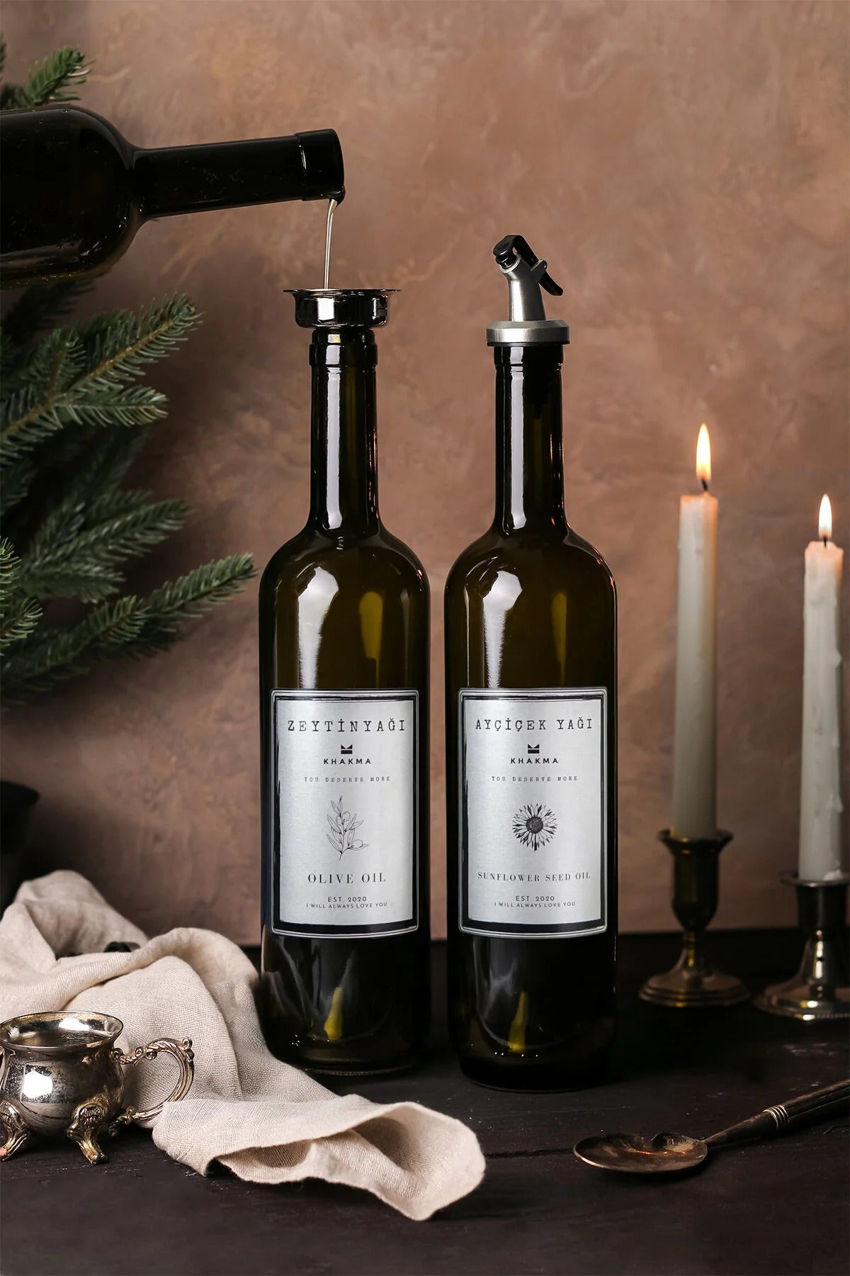 Gümüş Tasarım Amber 2'li 750 Ml Zeytinyağı Sıvıyağ Şişesi Yağdanlık Yağlık Stantsız