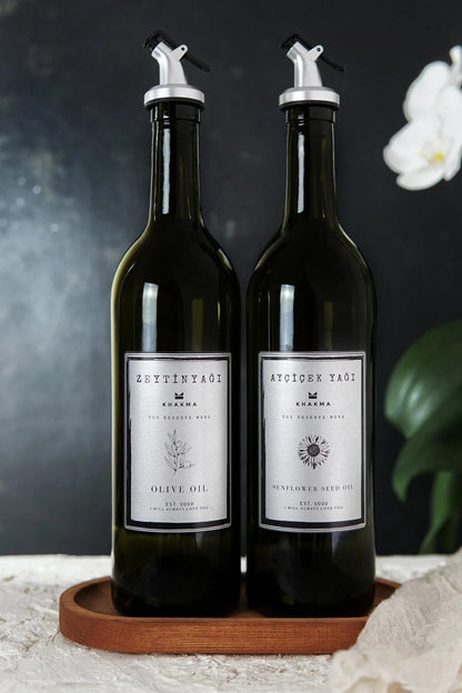 Ahşap Stantlı Gümüş Tasarım Amber 2'li 750 ml Zeytinyağı Sıvıyağ Şişesi Yağdanlık Yağlık