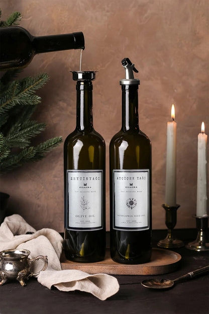 Ahşap Stantlı Gümüş Tasarım Amber 2'li 750 ml Zeytinyağı Sıvıyağ Şişesi Yağdanlık Yağlık