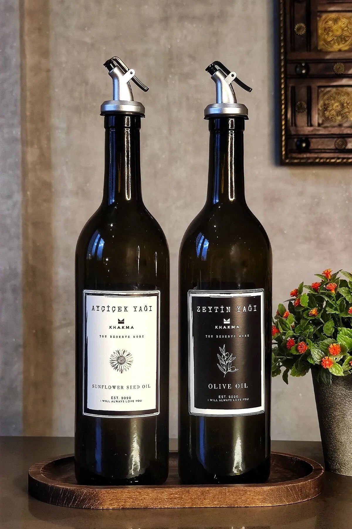 Ahşap Stantlı Amber 2'li 750 ml Zeytinyağı Sıvıyağ Şişesi Yağdanlık 750 Sb Stantlı