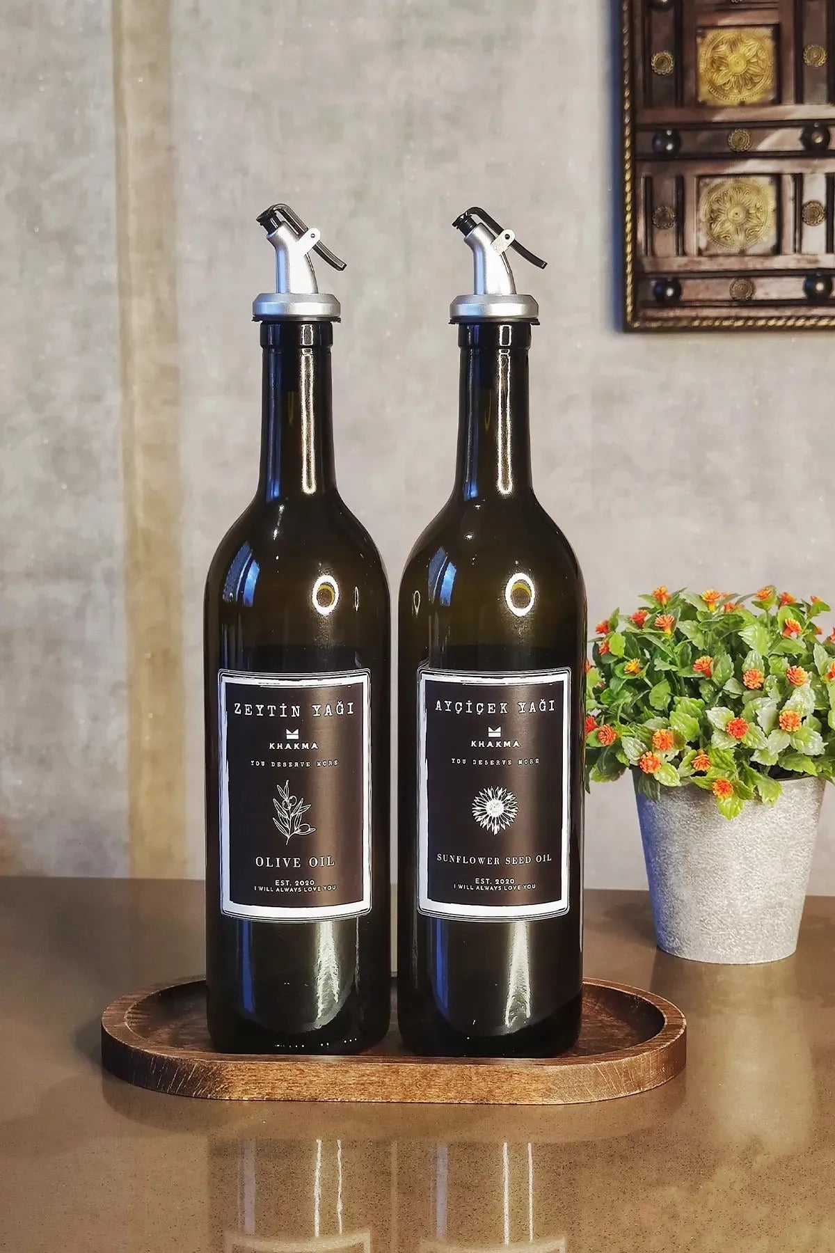 Ahşap Stantlı Amber 2'li 750 ml Zeytinyağı Sıvıyağ Şişesi Yağdanlık Yağlık 750ml