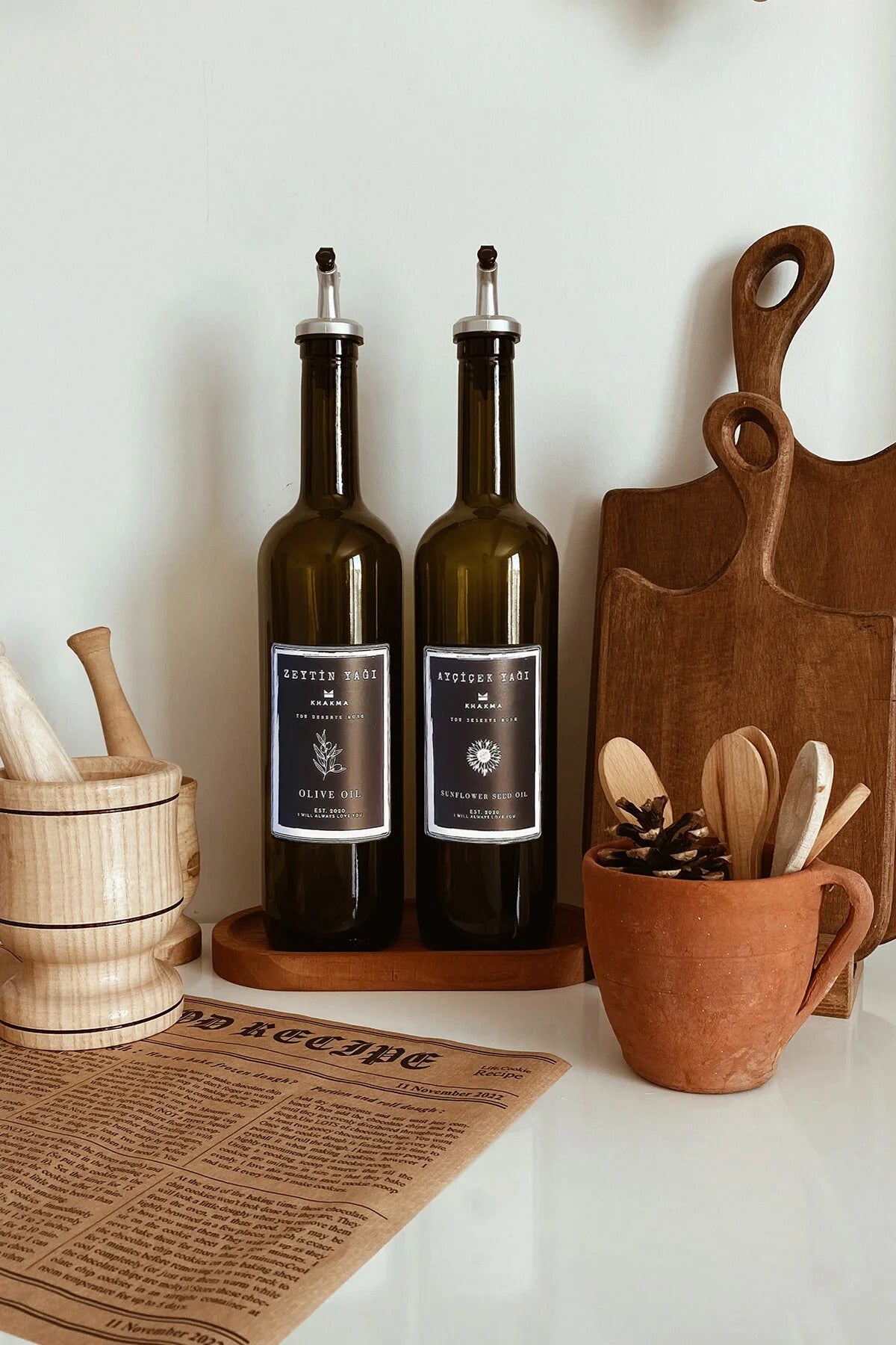 Ahşap Stantlı Amber 2'li 750 ml Zeytinyağı Sıvıyağ Şişesi Yağdanlık Yağlık 750ml