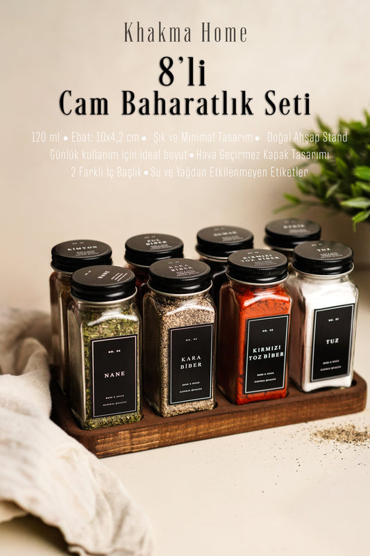 Ahşap Standlı 8'li Cam Baharatlık Seti | 120 ml | Siyah Kapak ve Siyah Etiketli | Minimal Tasarım