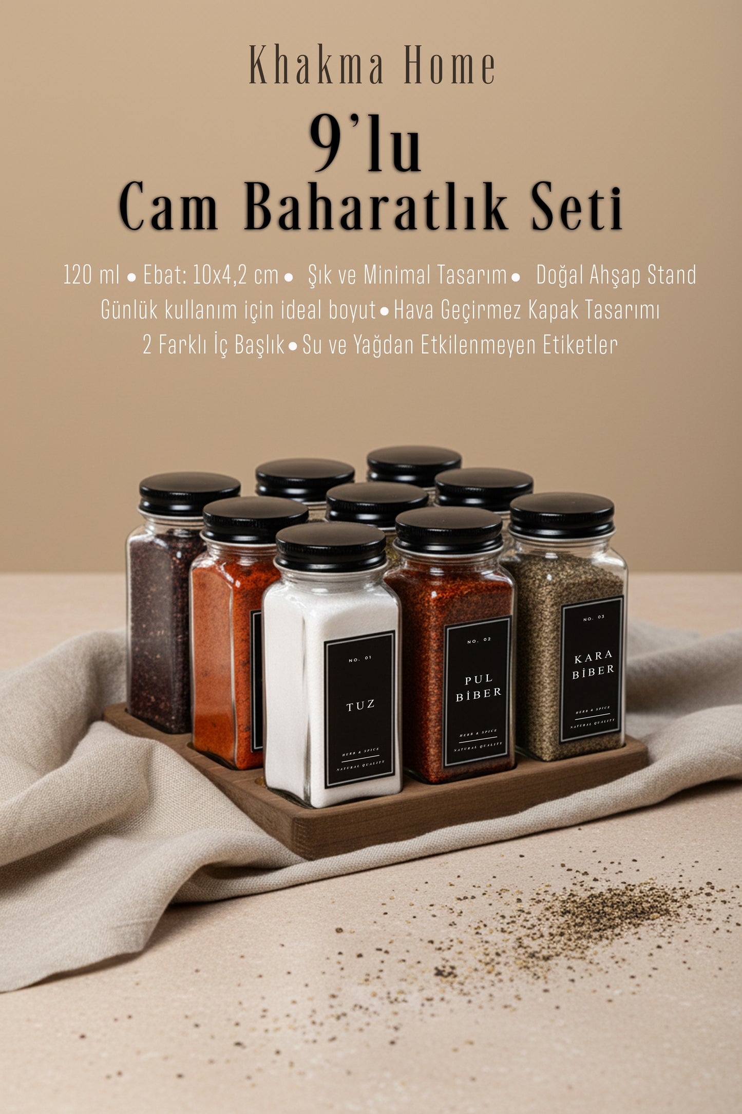 Ahşap Standlı 9'lu Cam Baharatlık Seti | 120 ml | Siyah Kapak & Siyah Etiket | Minimal Tasarım