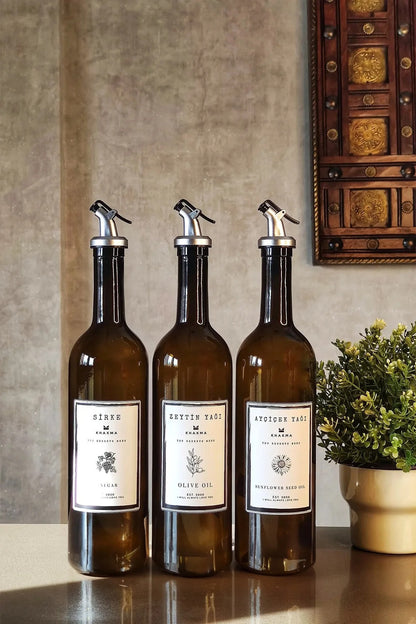 Amber Zeytinyağı Ayçiçek Yağı Sirke Şişesi Yağdanlık 3lü Set 750ml -stantsız B3750-sz