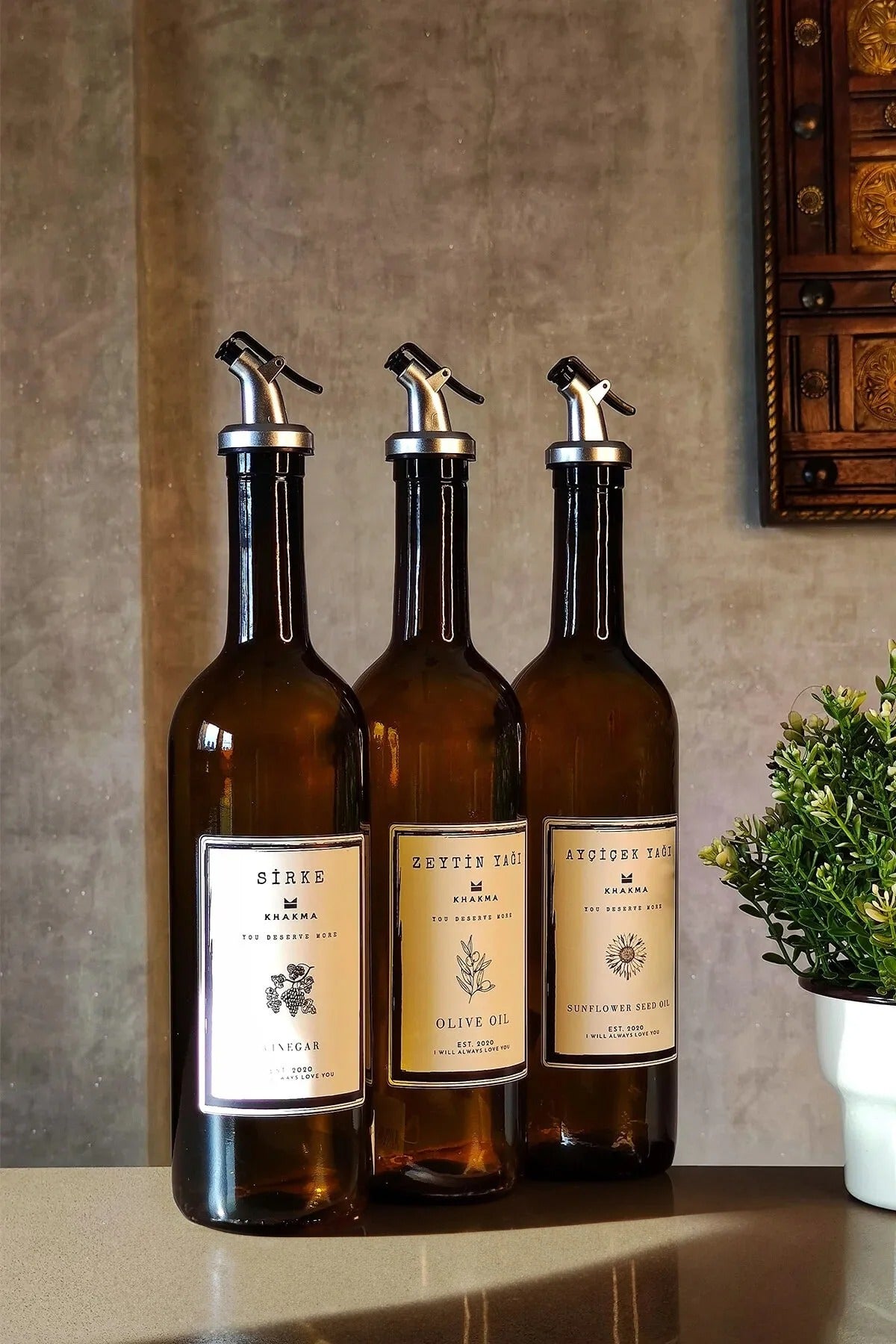 Amber Zeytinyağı Ayçiçek Yağı Sirke Şişesi Yağdanlık 3lü Set 750ml -stantsız B3750-sz