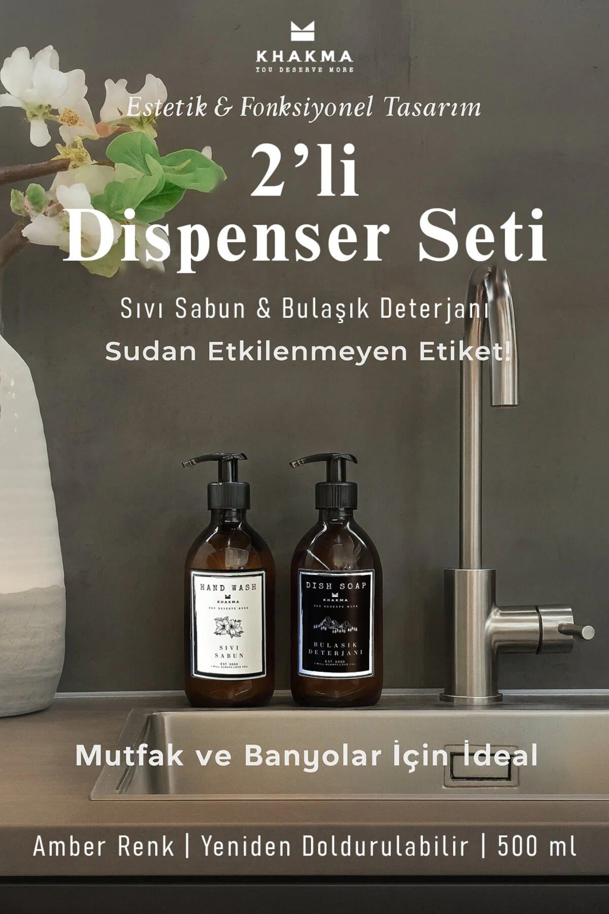 2'li Bulaşık Deterjanı Ve Sıvı Sabun Şişesi Stantsız Sabunluk Seti 500ml BH SD