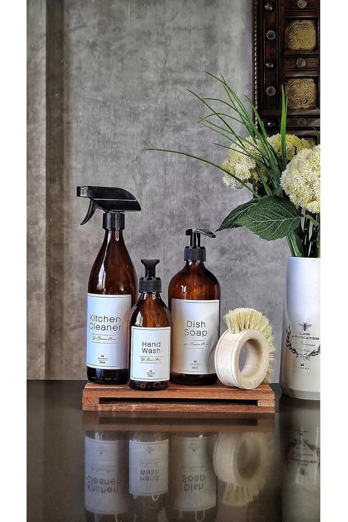 Ahşap Stantlı Fırçalı 3'lü Amber Cam Bulaşık Deterjanı Kitchen Cleaner Sıvı Sabunluk 500ml