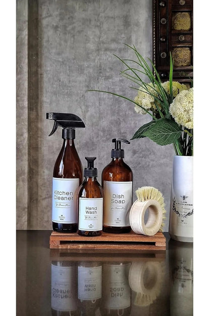 Ahşap Stantlı Fırçalı 3'lü Amber Cam Bulaşık Deterjanı Kitchen Cleaner Sıvı Sabunluk 500ml