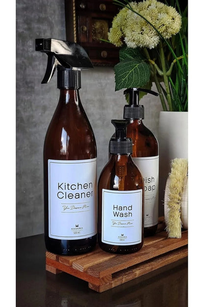 Ahşap Stantlı Fırçalı 3'lü Amber Cam Bulaşık Deterjanı Kitchen Cleaner Sıvı Sabunluk 500ml