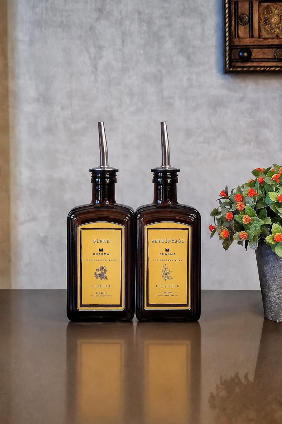 Amber Cam 2'li Yağdanlık Seti – 250 ml Zeytinyağı ve Sirke, Paslanma Çelik Başlıklı