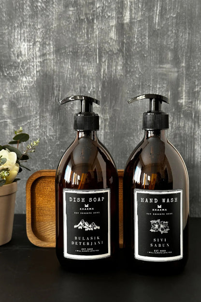Ahşap Stantlı 2'li Sıvı Sabun Bulaşık Deterjanı Şişesi Queen Sıvı Sabunluk 500ml Ss Hd St