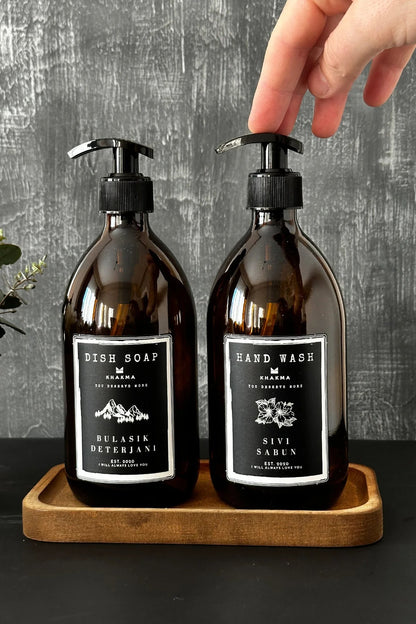 Ahşap Stantlı 2'li Sıvı Sabun Bulaşık Deterjanı Şişesi Queen Sıvı Sabunluk 500ml Ss Hd St