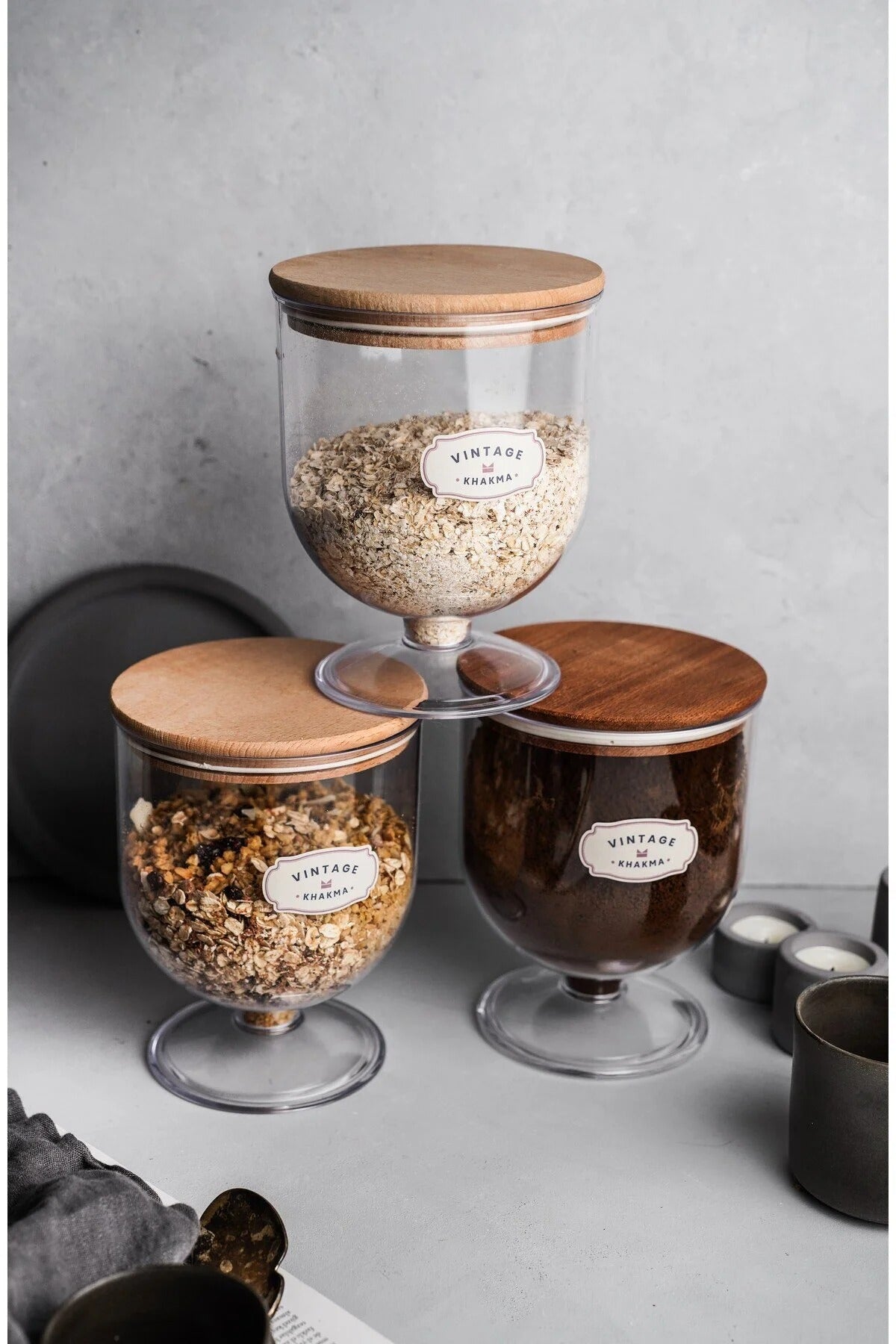 DEKORATİF 3 ADET VAKUM-AHŞAP KAPAKLI MİKA 1,5lt MISIR GEVREĞİ-YULAF-KURABİYE-KURUYEMİŞ SAKLAMA KABI