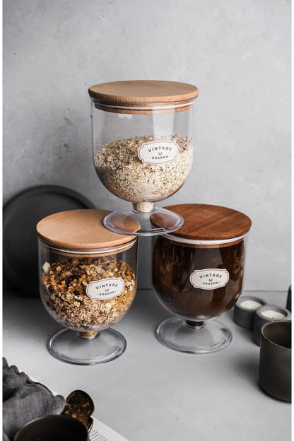 DEKORATİF 3 ADET VAKUM-AHŞAP KAPAKLI MİKA 1,5lt MISIR GEVREĞİ-YULAF-KURABİYE-KURUYEMİŞ SAKLAMA KABI