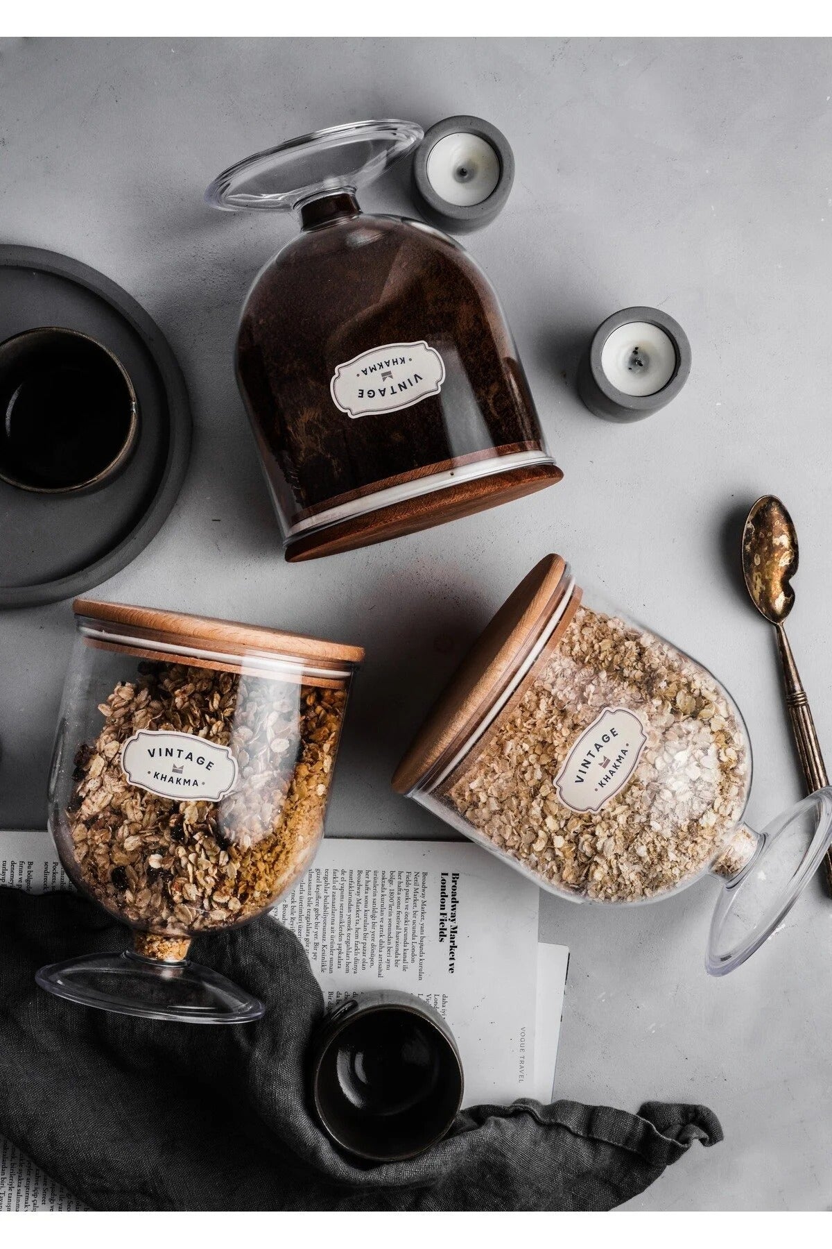 DEKORATİF 3 ADET VAKUM-AHŞAP KAPAKLI MİKA 1,5lt MISIR GEVREĞİ-YULAF-KURABİYE-KURUYEMİŞ SAKLAMA KABI