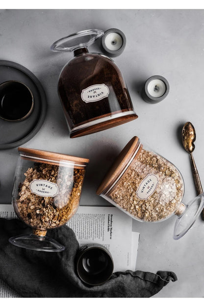 DEKORATİF 3 ADET VAKUM-AHŞAP KAPAKLI MİKA 1,5lt MISIR GEVREĞİ-YULAF-KURABİYE-KURUYEMİŞ SAKLAMA KABI