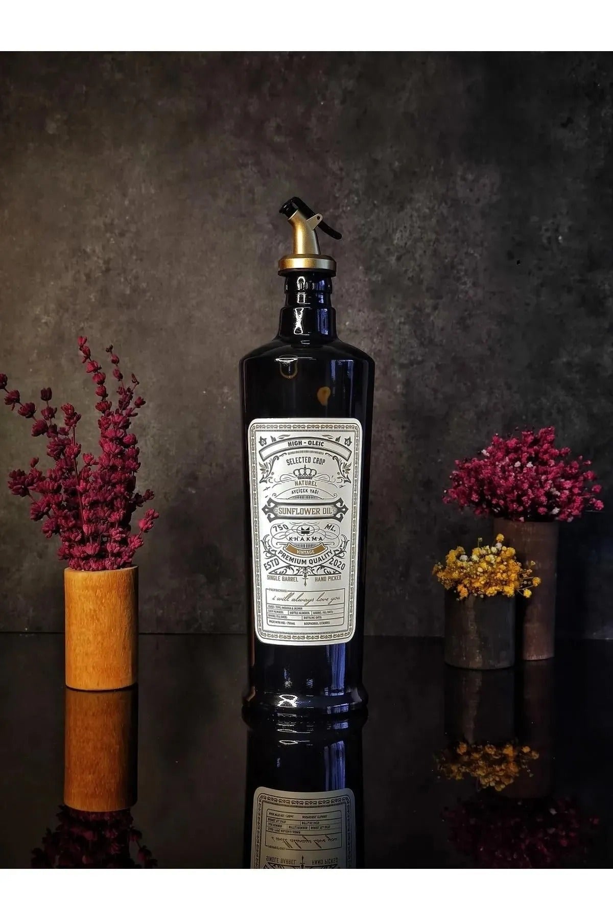 750 ml Italyan Cam Yağdanlık, Vintage Yağdanlık Ayçiçeği Gold