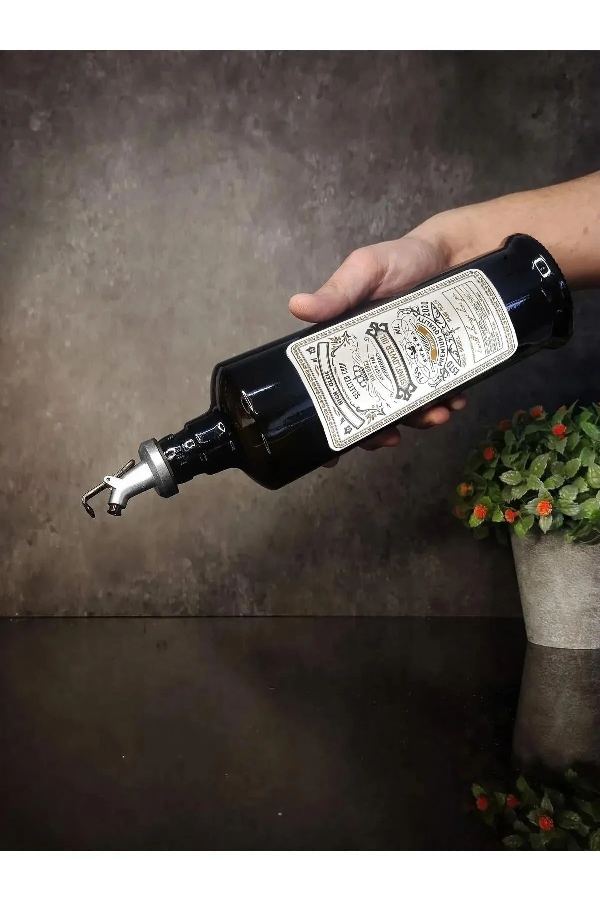 750 ml Italyan Cam Yağdanlık, Vintage Yağdanlık Ayçiçeği Gümüş