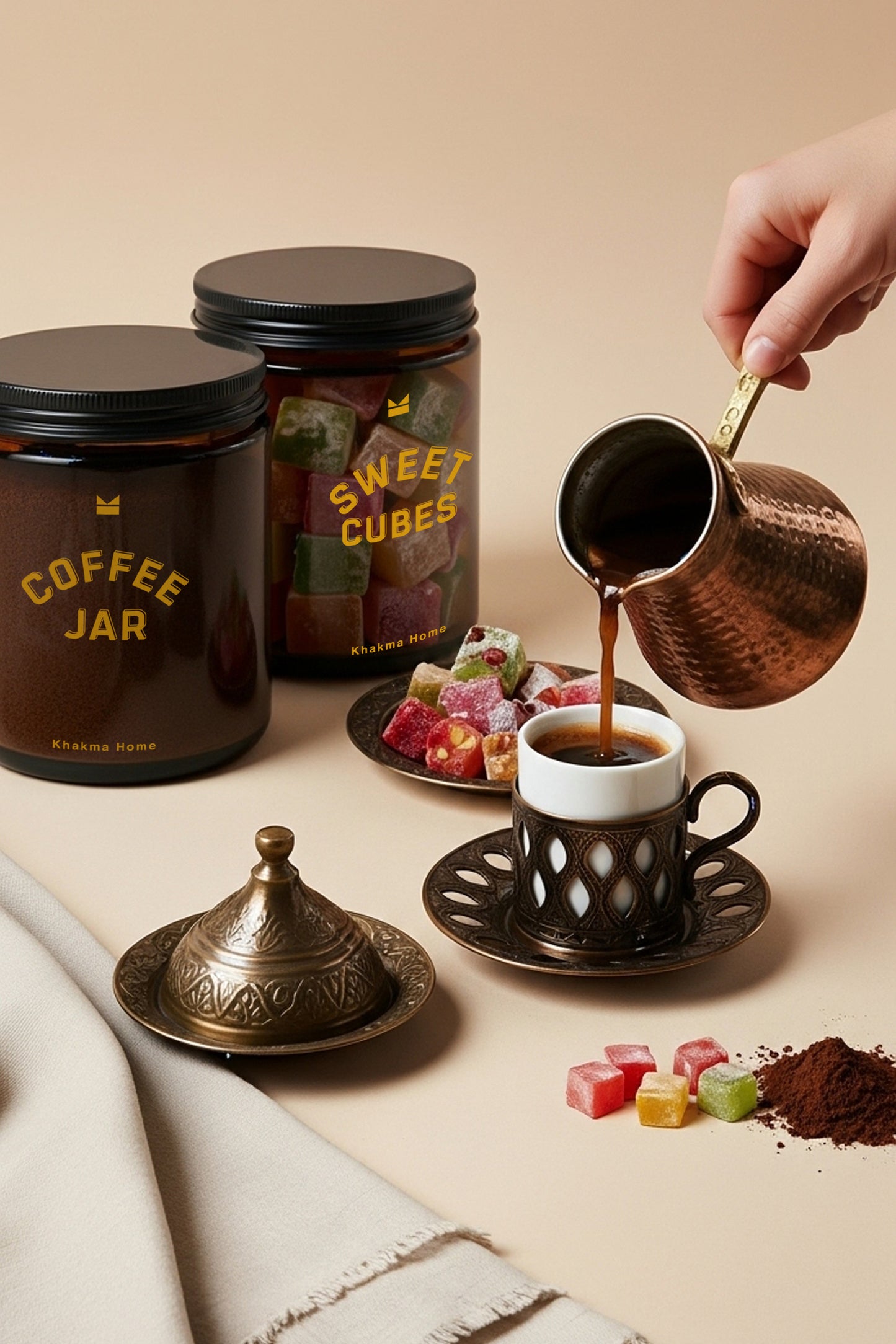 Amber Cam Kahve ve Şeker Kavanozu Seti–Coffee Jar&Sweet Cubes Yazılı–Ahşap Kaşıklı 2'li Set/250 ml