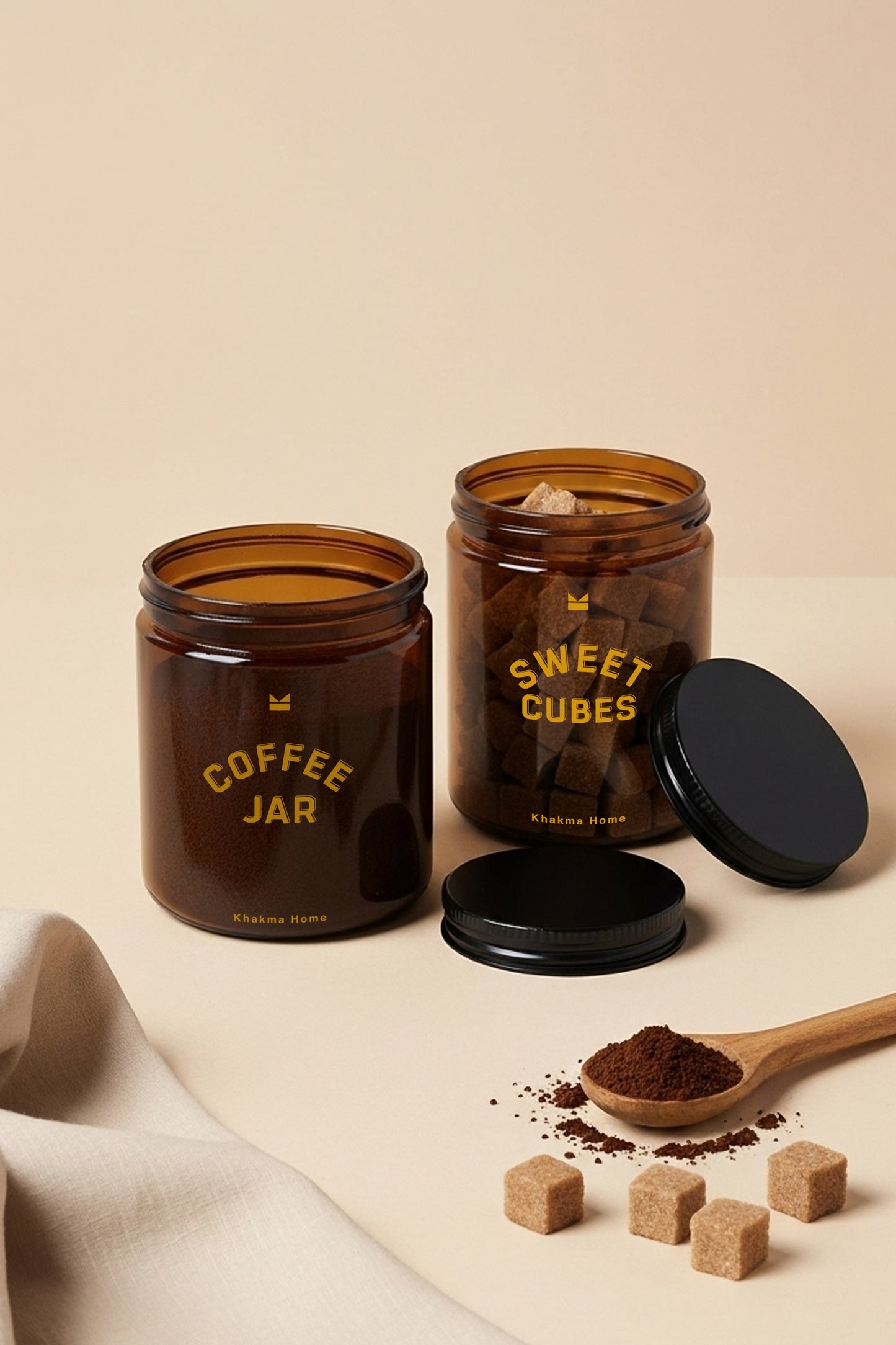 Amber Cam Kahve ve Şeker Kavanozu Seti–Coffee Jar&Sweet Cubes Yazılı–Ahşap Kaşıklı 2'li Set/250 ml