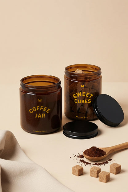 Amber Cam Kahve ve Şeker Kavanozu Seti–Coffee Jar&Sweet Cubes Yazılı–Ahşap Kaşıklı 2'li Set/250 ml