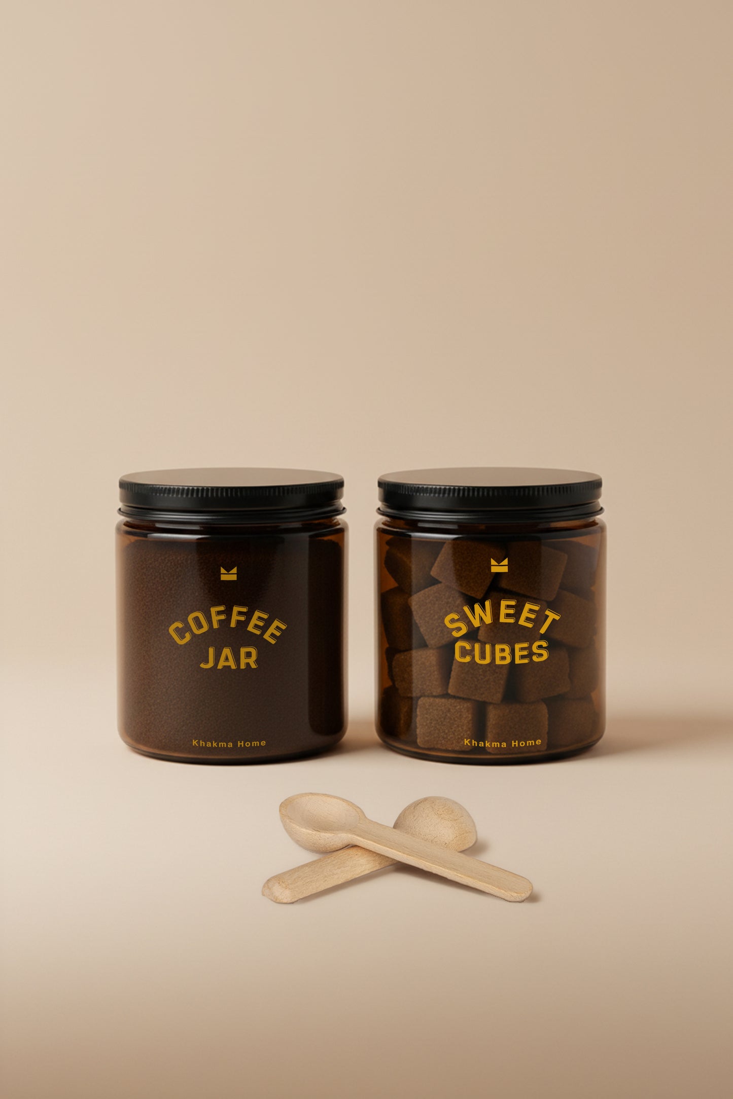 Amber Cam Kahve ve Şeker Kavanozu Seti–Coffee Jar&Sweet Cubes Yazılı–Ahşap Kaşıklı 2'li Set/250 ml