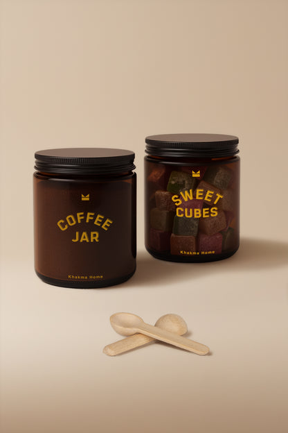 Amber Cam Kahve ve Şeker Kavanozu Seti–Coffee Jar&Sweet Cubes Yazılı–Ahşap Kaşıklı 2'li Set/250 ml
