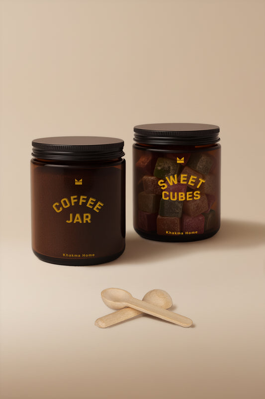 Amber Cam Kahve ve Şeker Kavanozu Seti–Coffee Jar&Sweet Cubes Yazılı–Ahşap Kaşıklı 2'li Set/250 ml