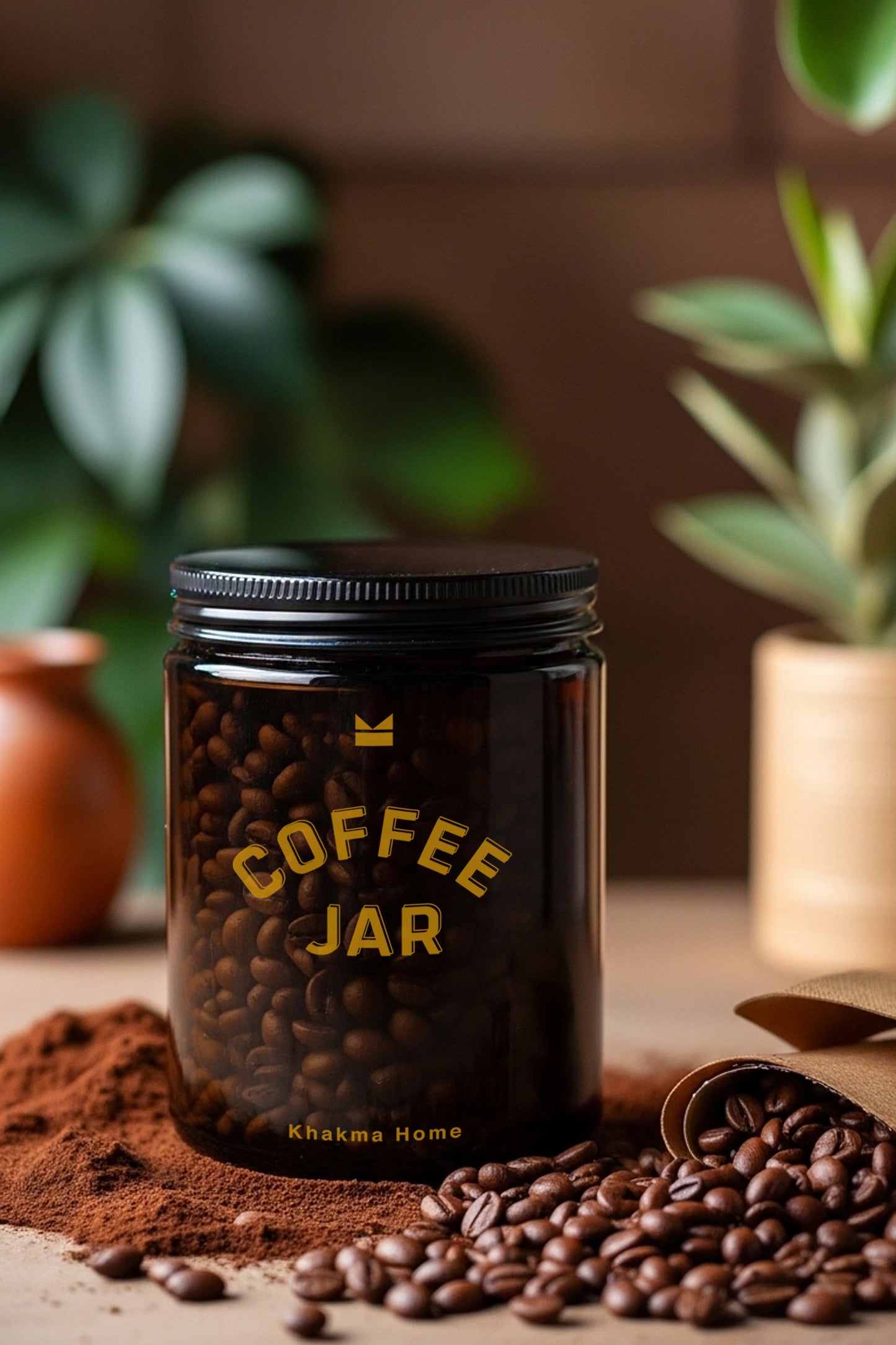 Ahşap Standlı Amber Cam Kahve ve Şeker Kavanozu Seti–Coffee Jar&Sweet Cubes Yazılı–Kaşıklı 2'li Set