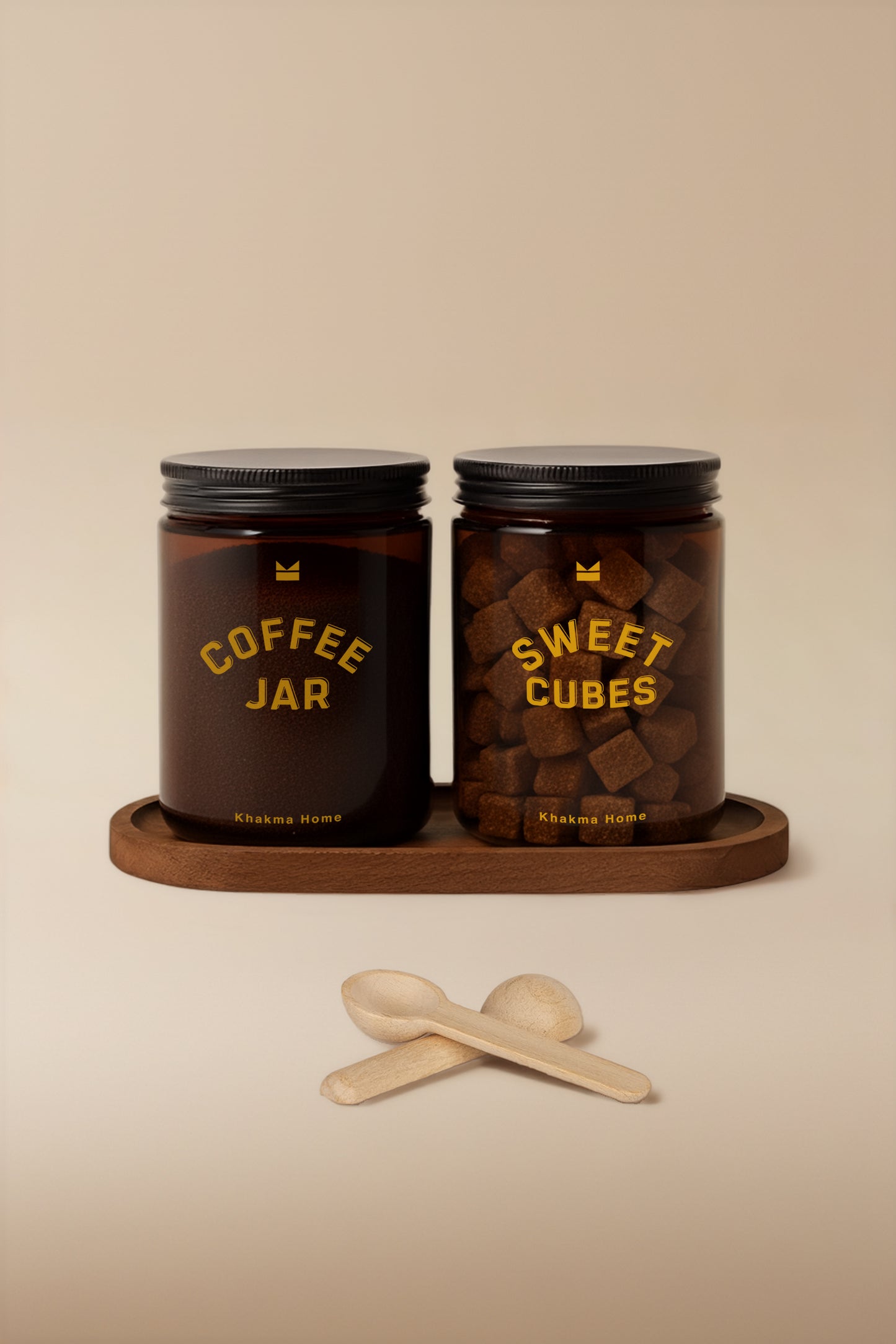 Ahşap Standlı Amber Cam Kahve ve Şeker Kavanozu Seti–Coffee Jar&Sweet Cubes Yazılı–Kaşıklı 2'li Set