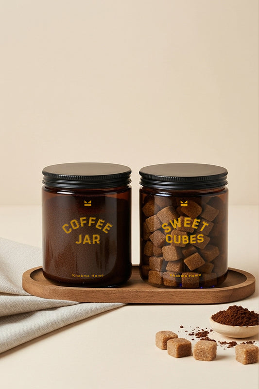 Ahşap Standlı Amber Cam Kahve ve Şeker Kavanozu Seti–Coffee Jar&Sweet Cubes Yazılı–Kaşıklı 2'li Set
