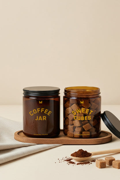Ahşap Standlı Amber Cam Kahve ve Şeker Kavanozu Seti–Coffee Jar&Sweet Cubes Yazılı–Kaşıklı 2'li Set