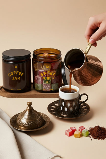 Ahşap Standlı Amber Cam Kahve ve Şeker Kavanozu Seti–Coffee Jar&Sweet Cubes Yazılı–Kaşıklı 2'li Set