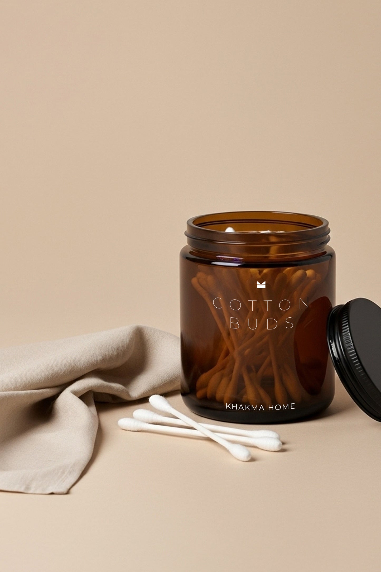 Ahşap Standlı Amber Cam Banyo Organizer Seti – COTTON BUDS & COTTON PADS Yazılı – 2'li Set / 250 ml